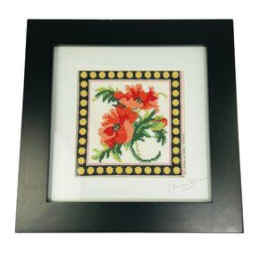 Vintage Floral Needlepoint Cross Stitch Flower Wall Art Decor Black Frame u